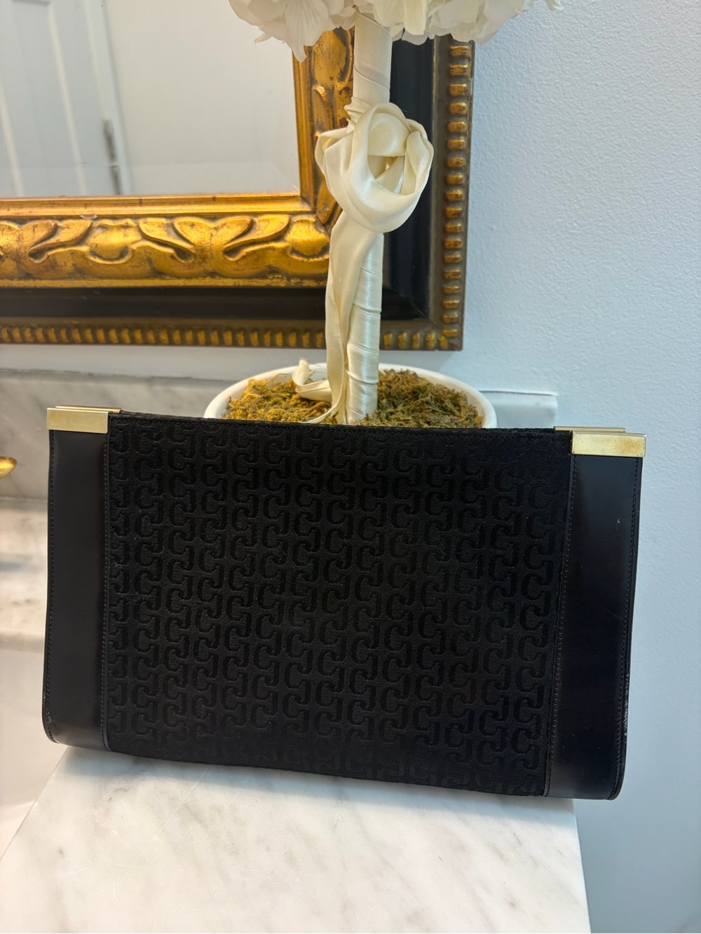 Charles Jourdan Black Textured Logo Clutch with Gold Trim w/ Dust Bag